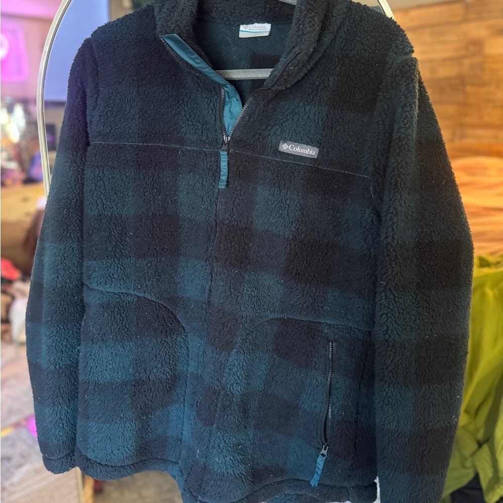 Columbia Women’s Black and Teal Checkered Fleece Jacket